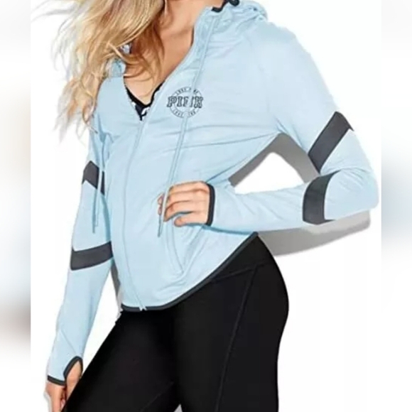 VICTORIA'S SECRET PINK Ultimate High Low Funnel Neck Full Zip Hoodie Baby Blue S - Picture 1 of 11